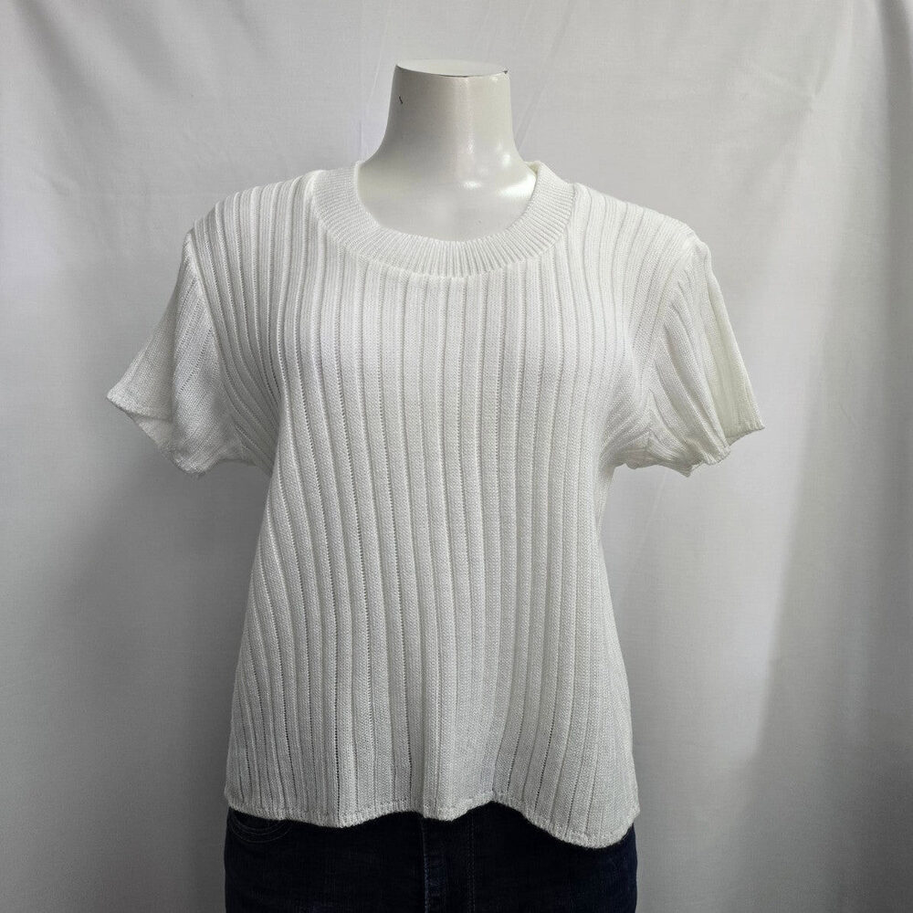 Vintage Next Issue White Knit Ribbed Short Sleeve Sweater Size XL